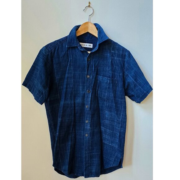 Free People Studio 189 Blue Indigo Patchwork Short Sleeved Shirt in a Size Small - Picture 2 of 4